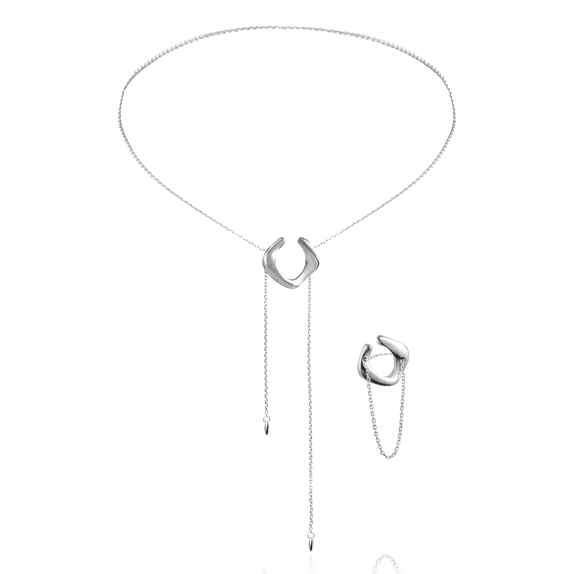 Set of silver transforming jewelry consisting of 7-in-1 cuff-necklace and 3-in-1 cuff-ring 