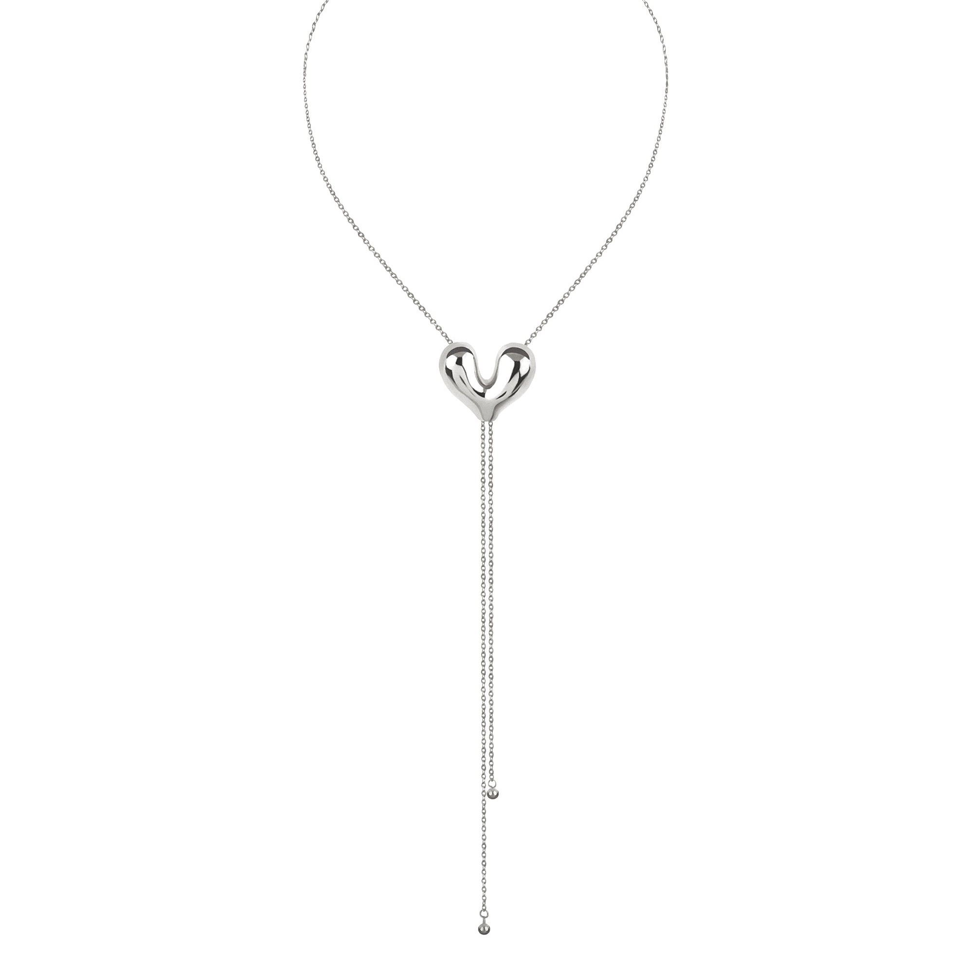Silver necklace with a heart-shaped pendant on a white background