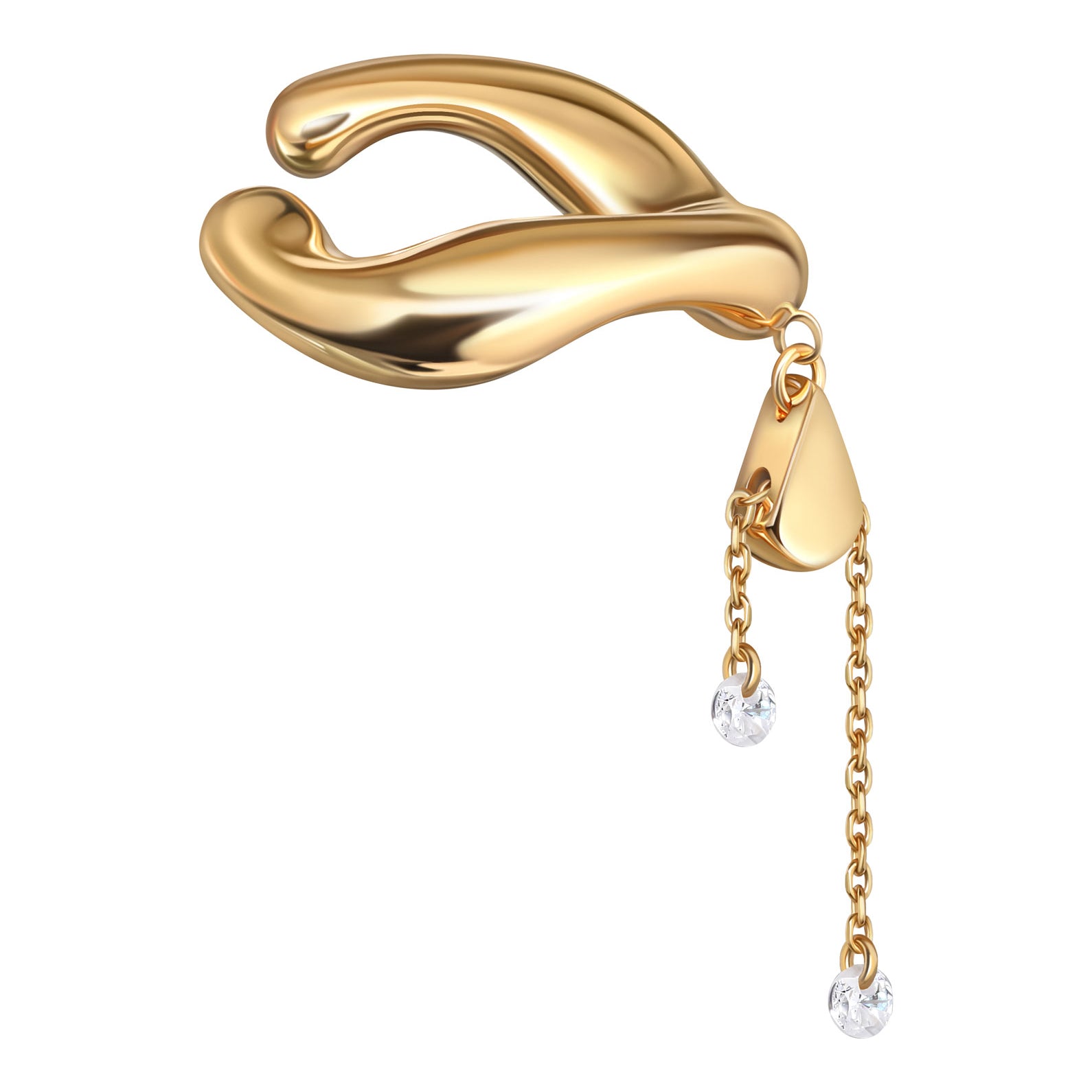 Gold-plaated designer ear cuff with a chain and gems on a white background