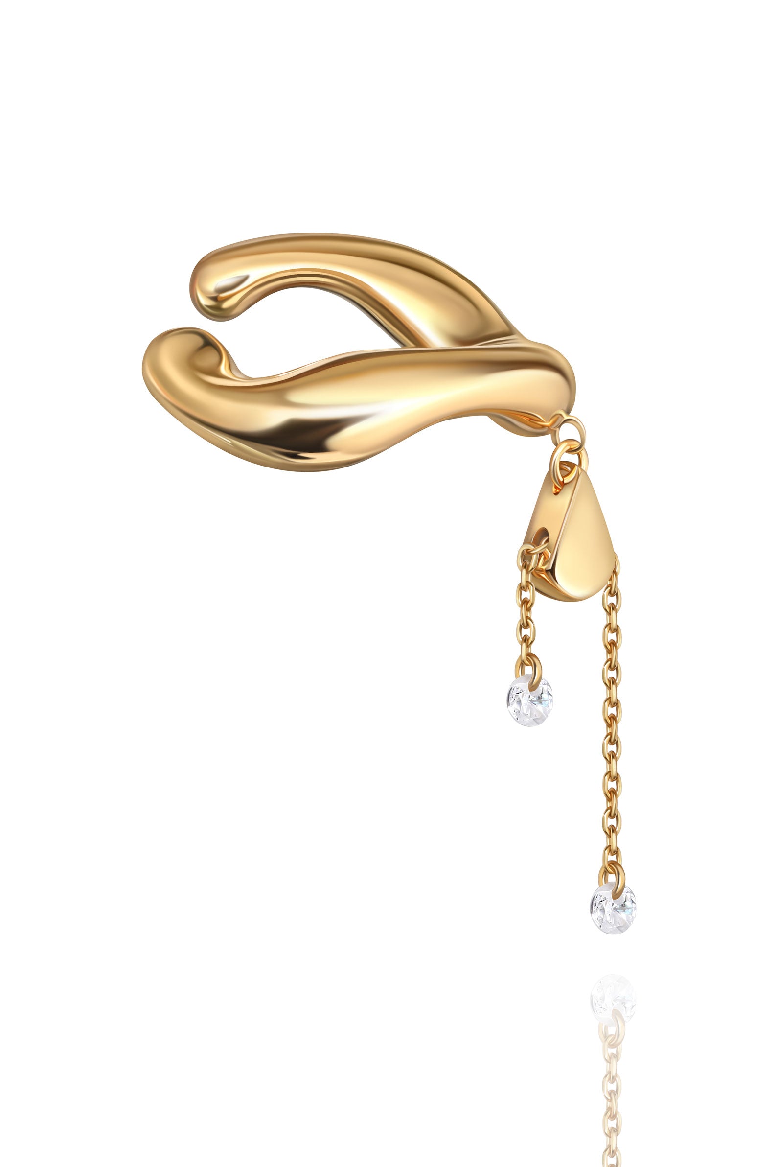 Gold-plaated designer ear cuff with a chain and gems on a white background