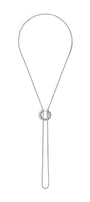 Silver necklace with a circular pendant on a white background