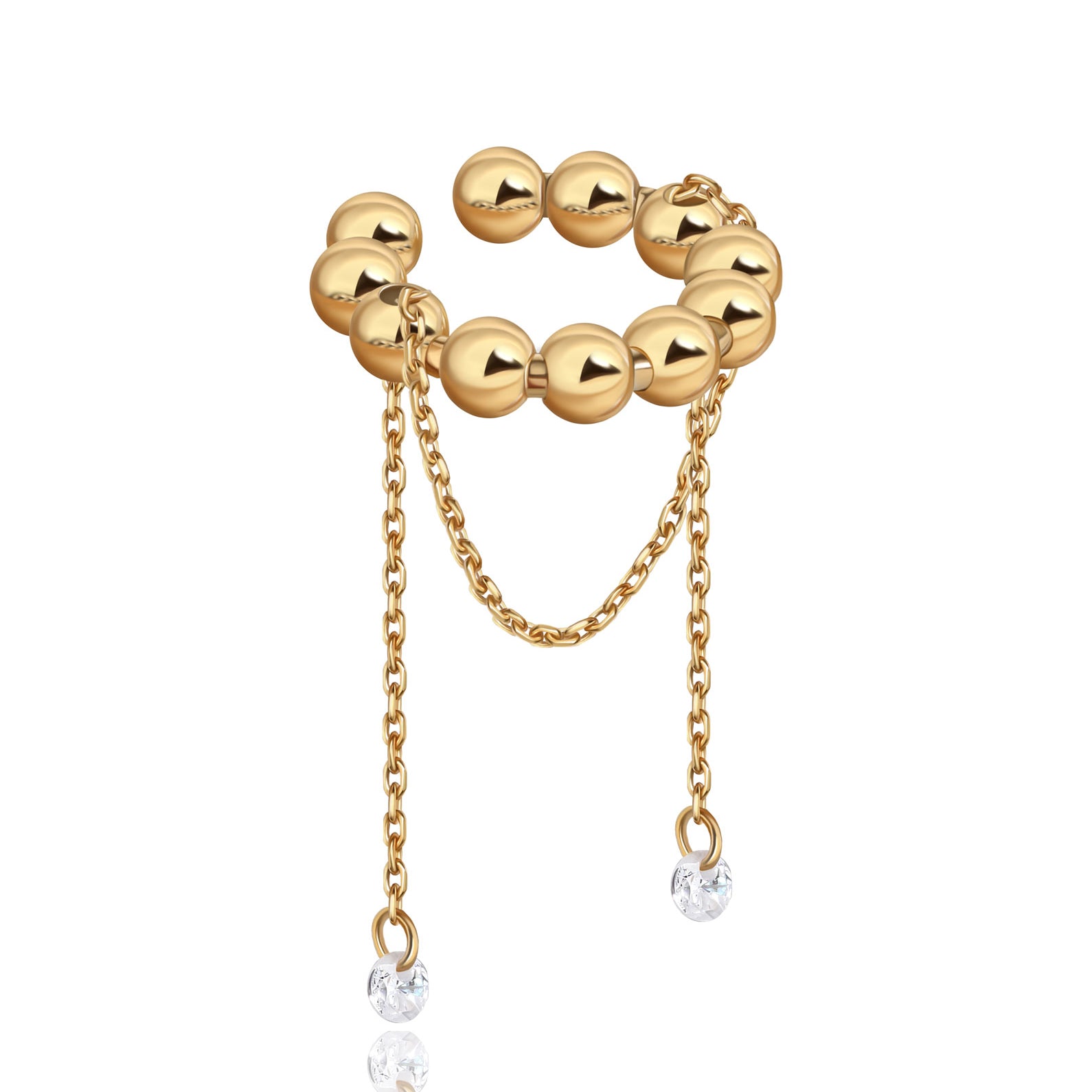 Gold beaded сгаа-ring with chain on a white background